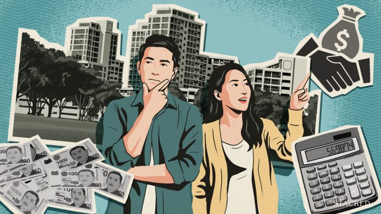Two people in front of residential blocks with money, handshake, and calculator illustrations around them