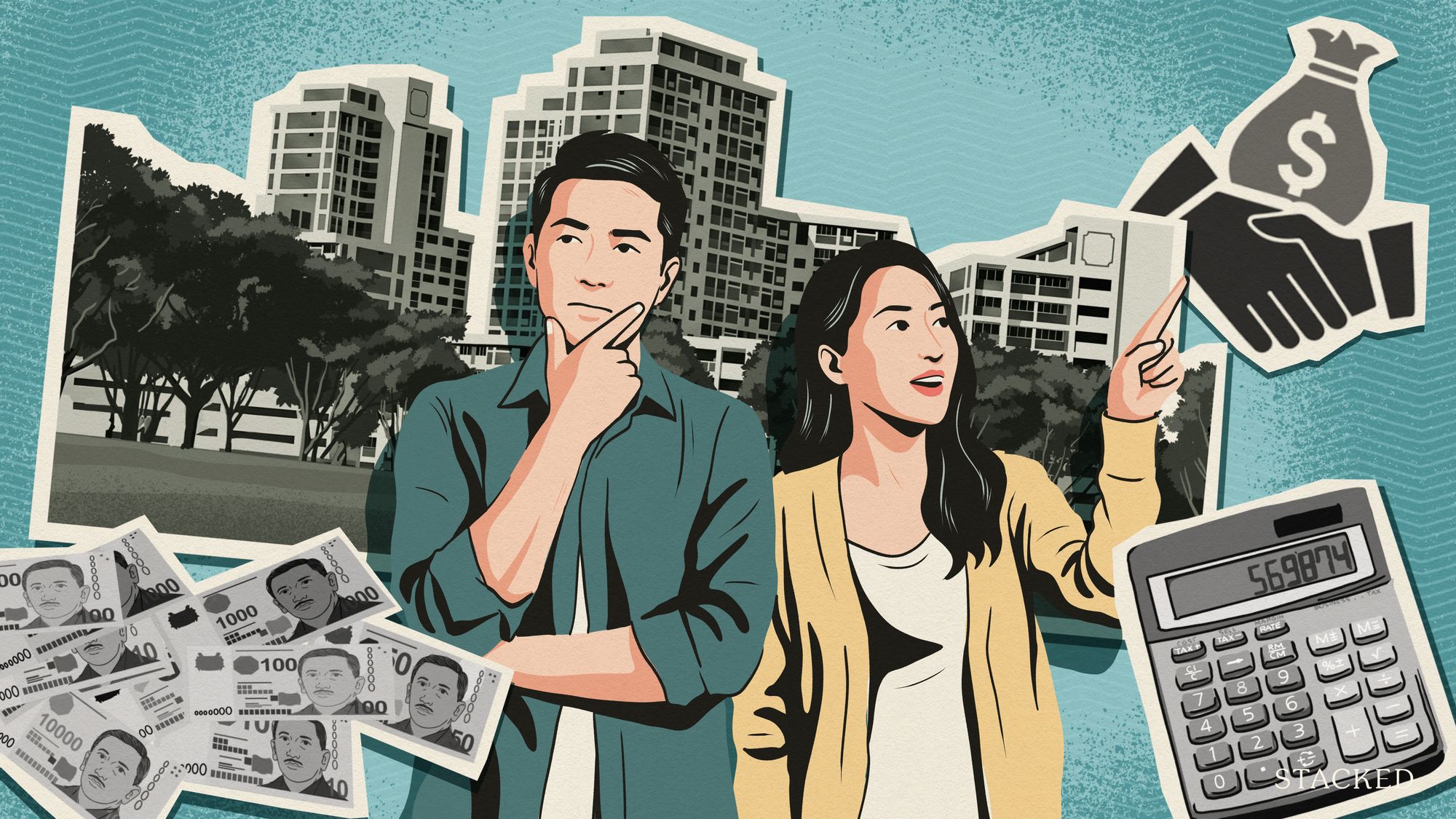 Two people in front of residential blocks with money, handshake, and calculator illustrations around them