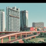 Residential buildings and a modern high-rise near a multi-level elevated expressway with greenery below
