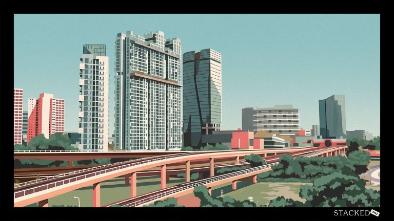 Residential buildings and a modern high-rise near a multi-level elevated expressway with greenery below