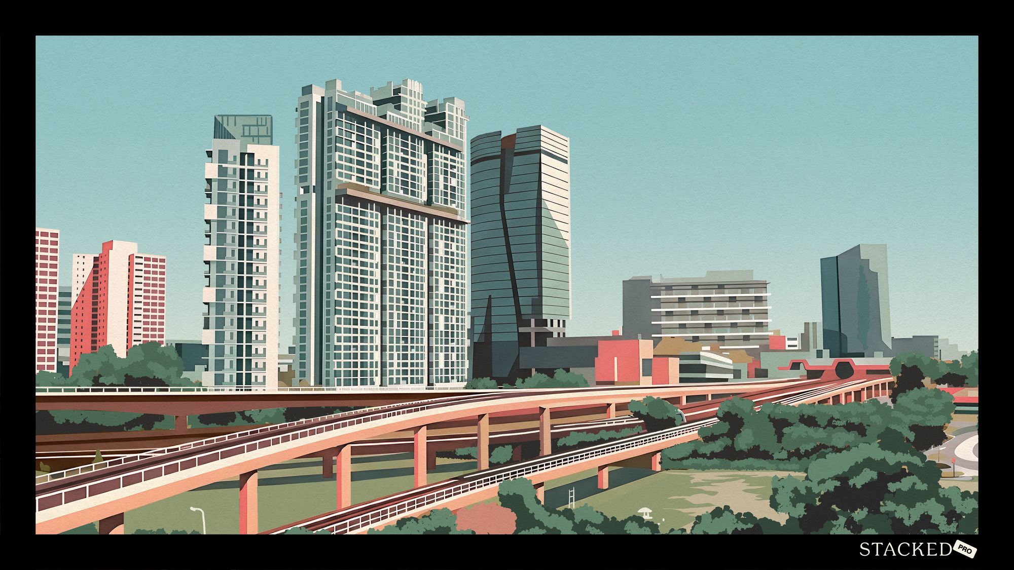 Residential buildings and a modern high-rise near a multi-level elevated expressway with greenery below