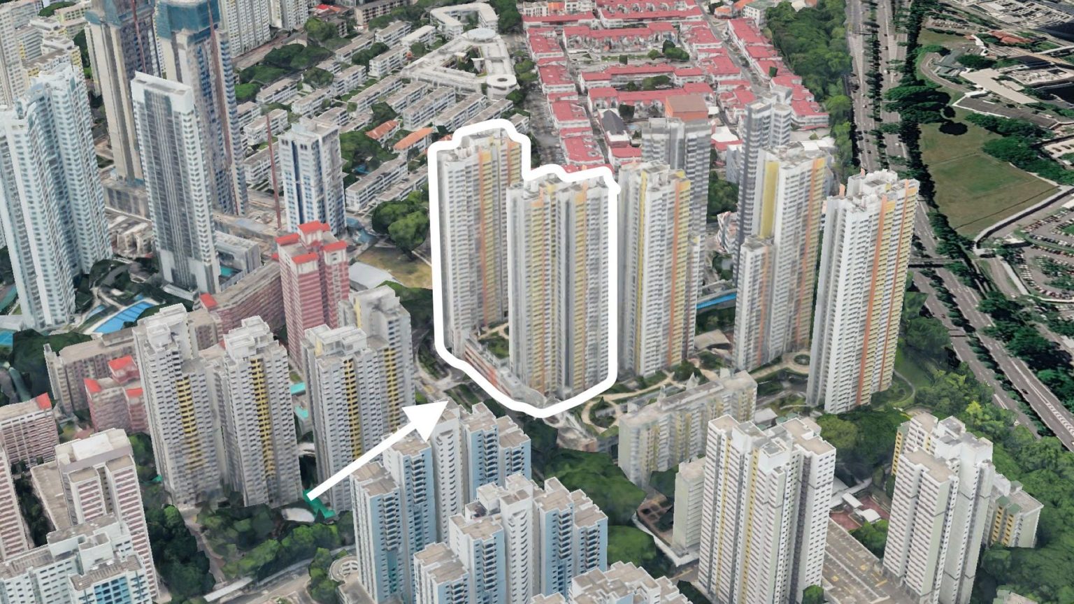 High-rise HDB residential blocks outlined and highlighted among surrounding housing and roads in aerial view