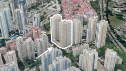 High-rise HDB residential blocks outlined and highlighted among surrounding housing and roads in aerial view