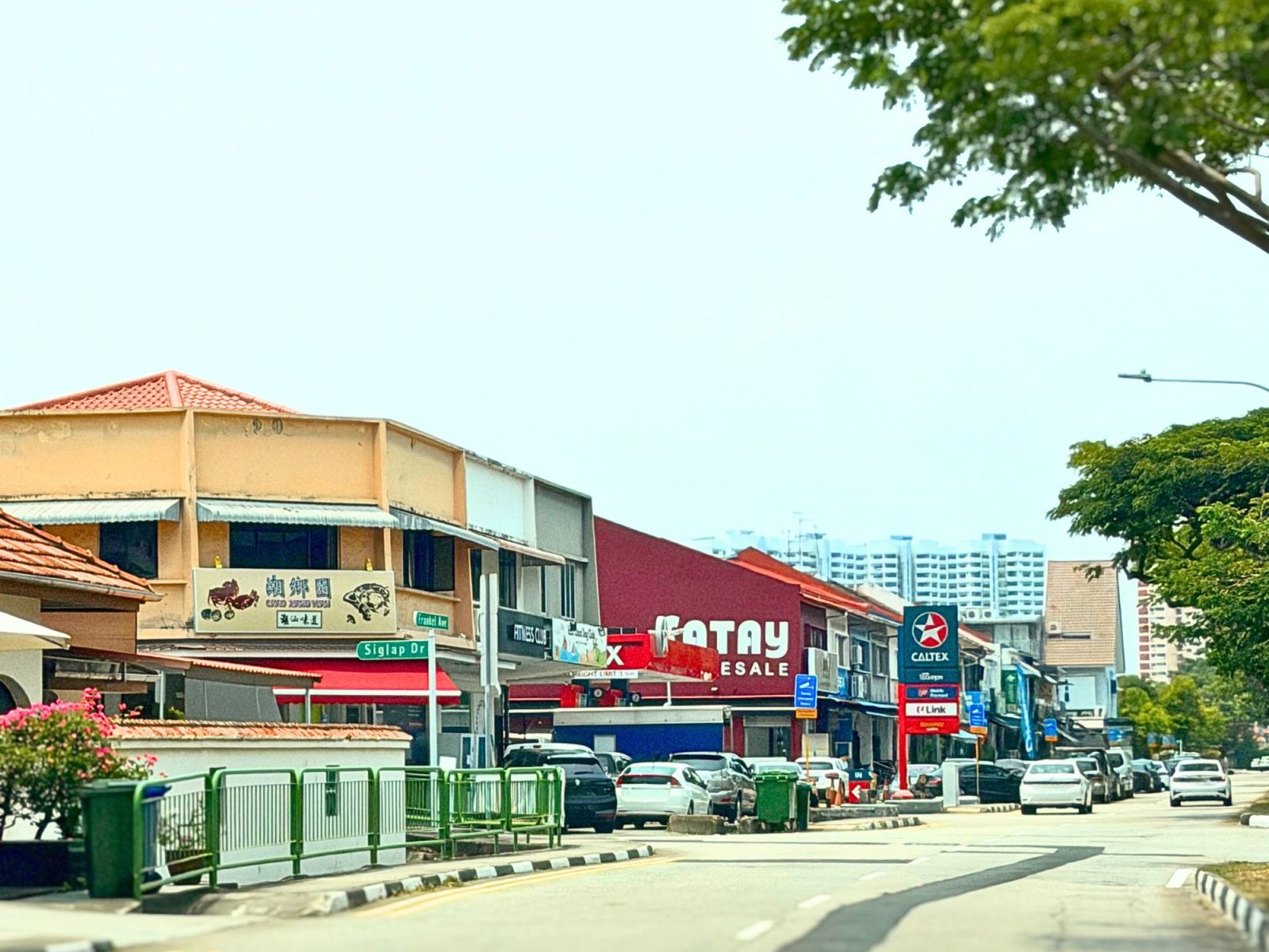 stretch of shophouses and petrol station along Siglap road