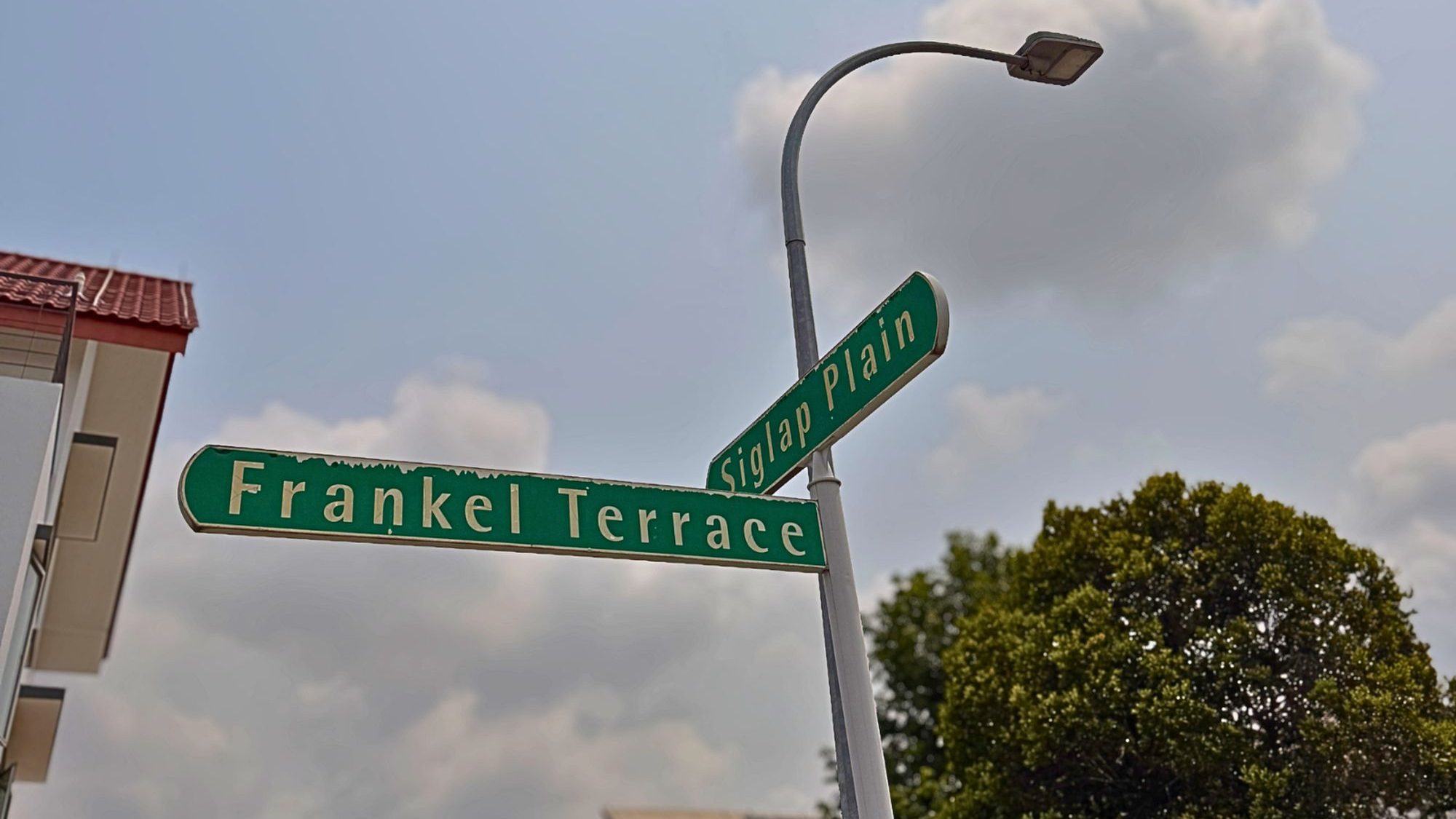 Street signs for Frankel Terrace and Siglap Plain on a lamp post against a cloudy sky