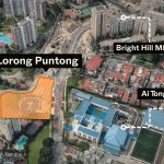 Aerial view showing Lorong Puntong land plot, Bright Hill MRT, and Ai Tong School with surrounding housing blocks and construction site