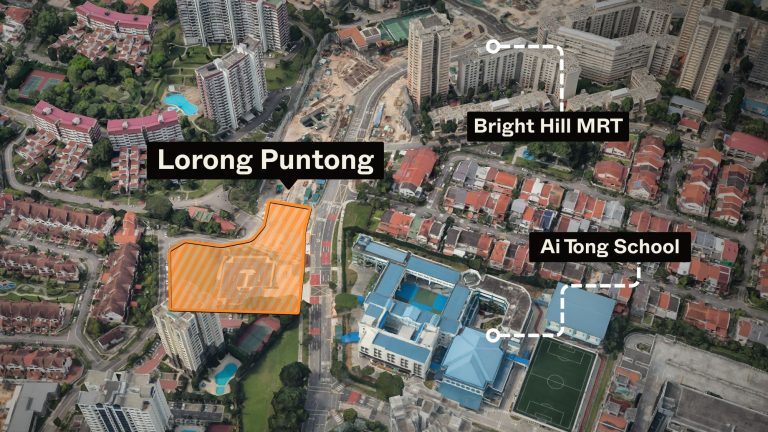 Aerial view showing Lorong Puntong land plot, Bright Hill MRT, and Ai Tong School with surrounding housing blocks and construction site