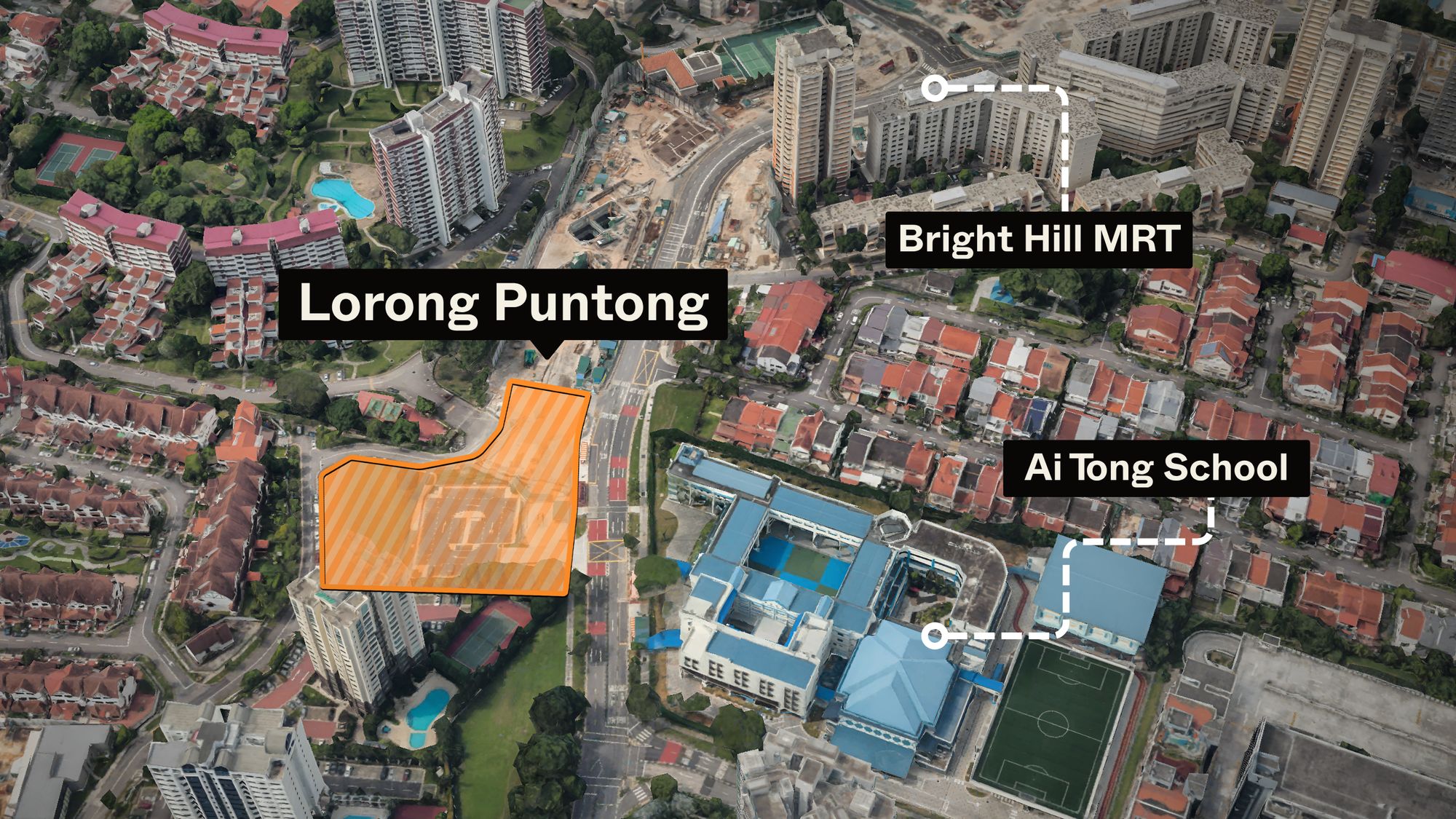 Aerial view showing Lorong Puntong land plot, Bright Hill MRT, and Ai Tong School with surrounding housing blocks and construction site