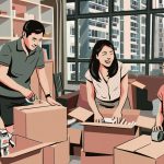 Family packing moving boxes inside a new high-rise apartment with large windows and open shelves