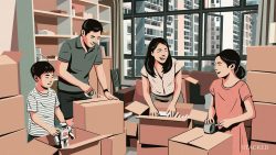 Family packing moving boxes inside a new high-rise apartment with large windows and open shelves