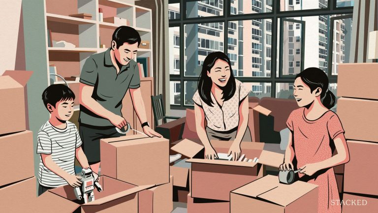 Family packing moving boxes inside a new high-rise apartment with large windows and open shelves