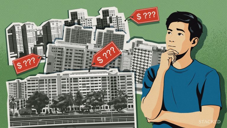 Illustration of a man thinking beside images of various housing blocks with price tags marked with question marks