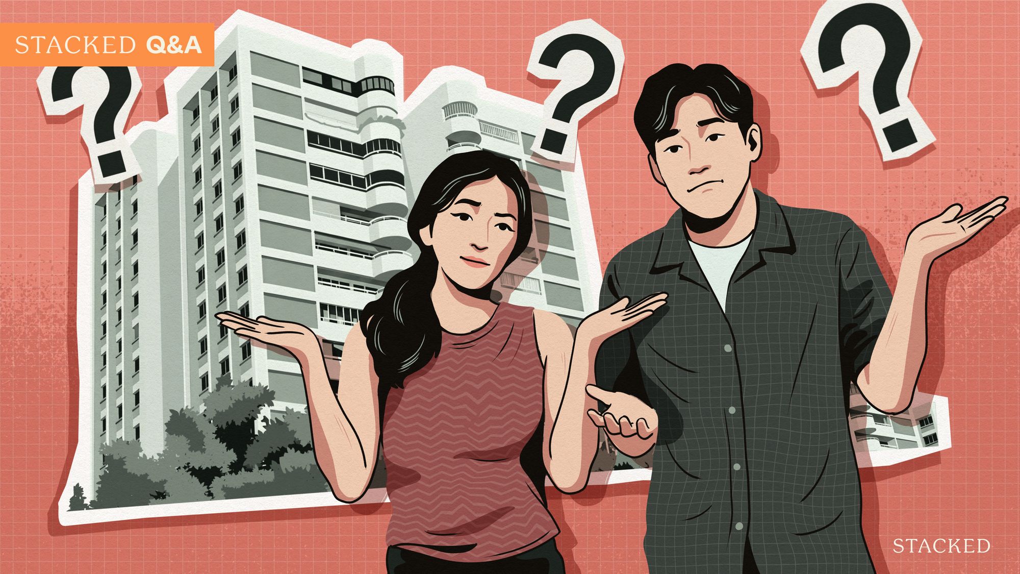 Illustration of a confused man and woman with a residential block and question marks on a red background