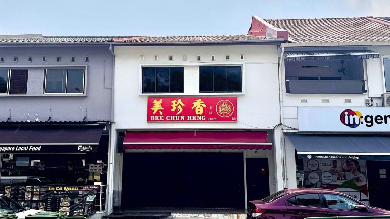 Two-storey shop houses with retail signs for Bee Chun Heng and Ingenius, and a maroon car parked outside