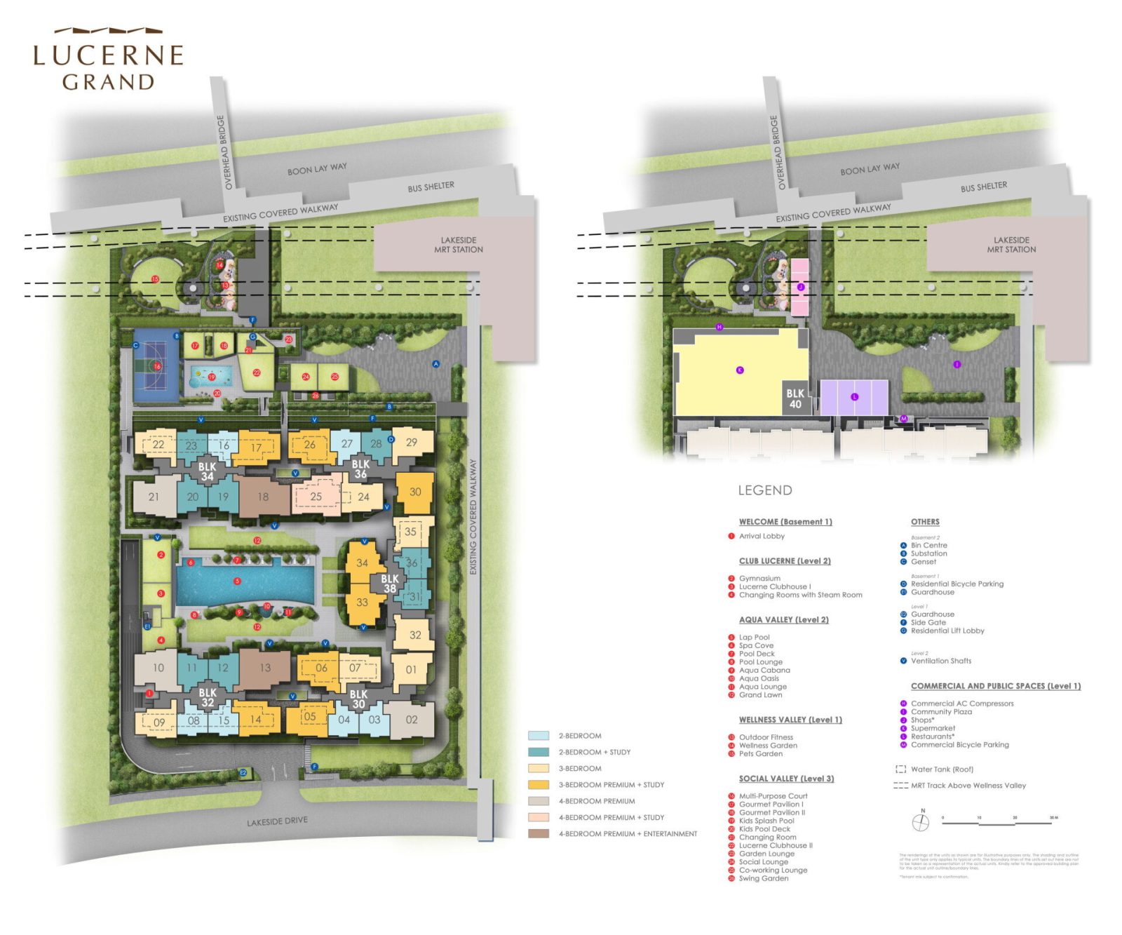 Site plan of Lucerne Grand residential blocks showing unit distribution, amenities, and nearby MRT station at Lakeside