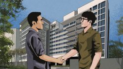 Two men shaking hands in front of modern apartment blocks with trees around them