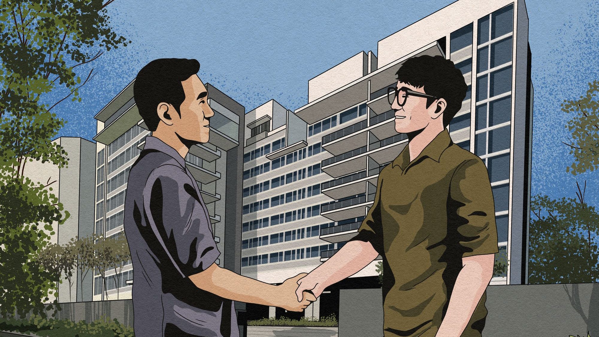 Two men shaking hands in front of modern apartment blocks with trees around them