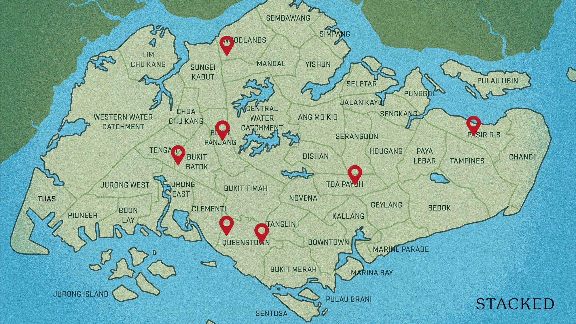 Map of Singapore showing regional planning areas with red location markers on Woodlands, Bukit Panjang, Bukit Batok, Queenstown, Tanglin, Toa Payoh and Pasir Ris