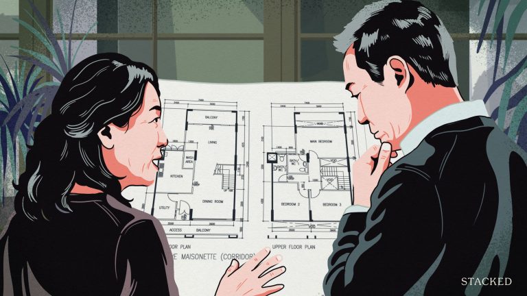Two people study a detailed maisonette floor plan with indoor plants in the background