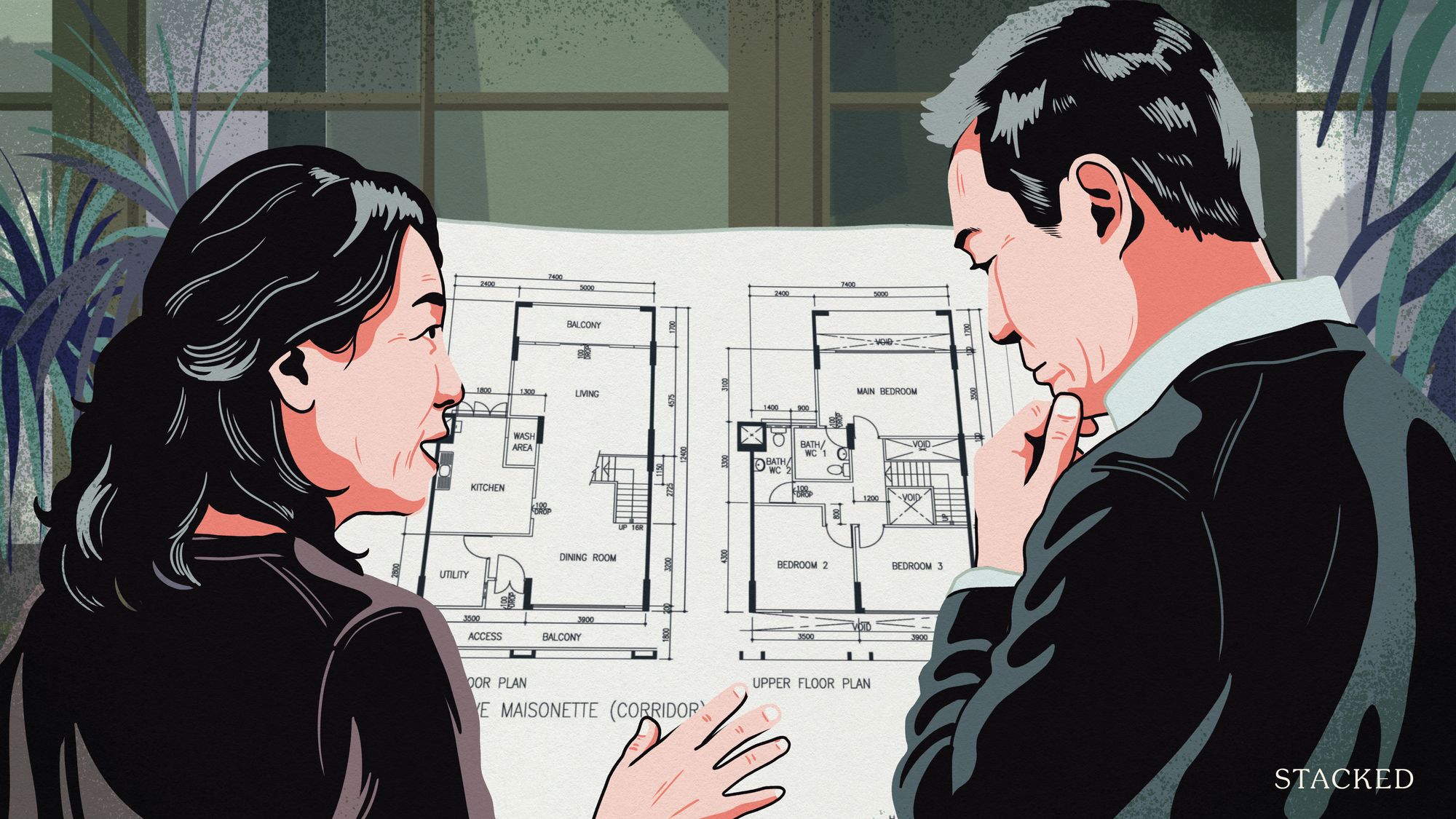 Two people study a detailed maisonette floor plan with indoor plants in the background
