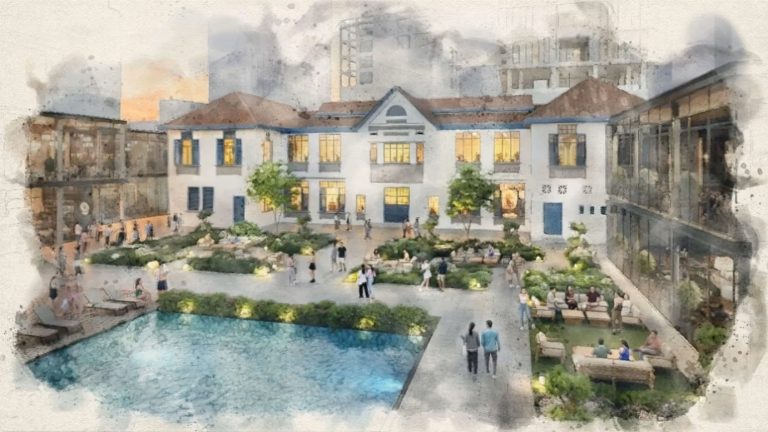 Courtyard with pool and garden seating surrounded by two-storey colonial-style and modern buildings at dusk