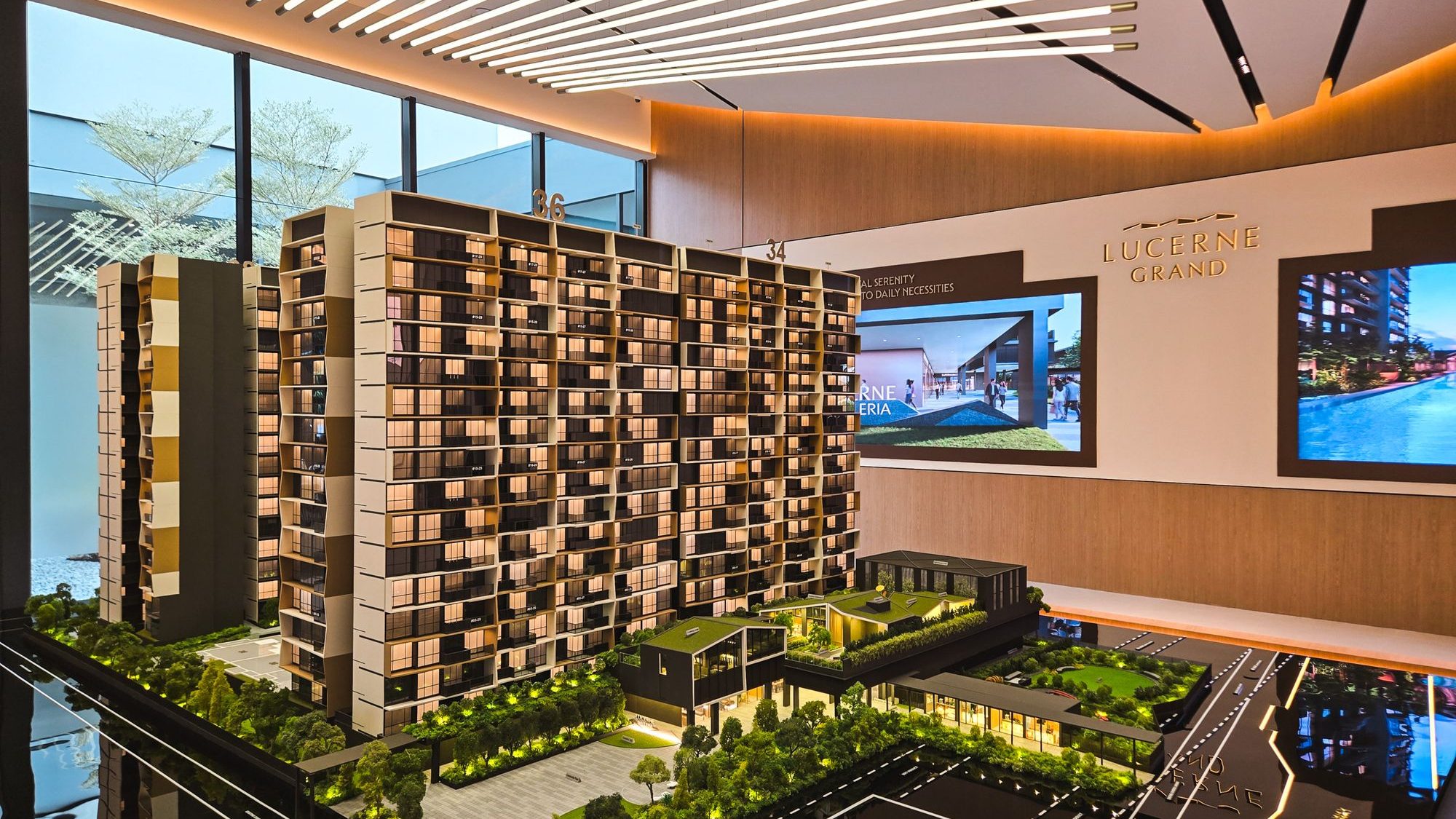Architectural model of Lucerne Grand residential blocks with landscaped greenery and mock amenities