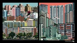 Colourful illustration contrasting older housing blocks with modern residential towers and condos against different sky colours