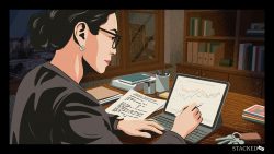 Woman reviewing tenancy agreement and property market trends on tablet and documents at a desk at night