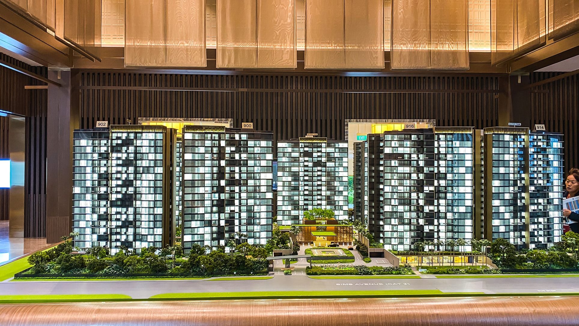 Model of Parc Esta residential blocks with greenery and road Sims Avenue in front