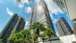 Paterson Suites apartment blocks with balconies surrounded by palm trees under a blue sky with clouds