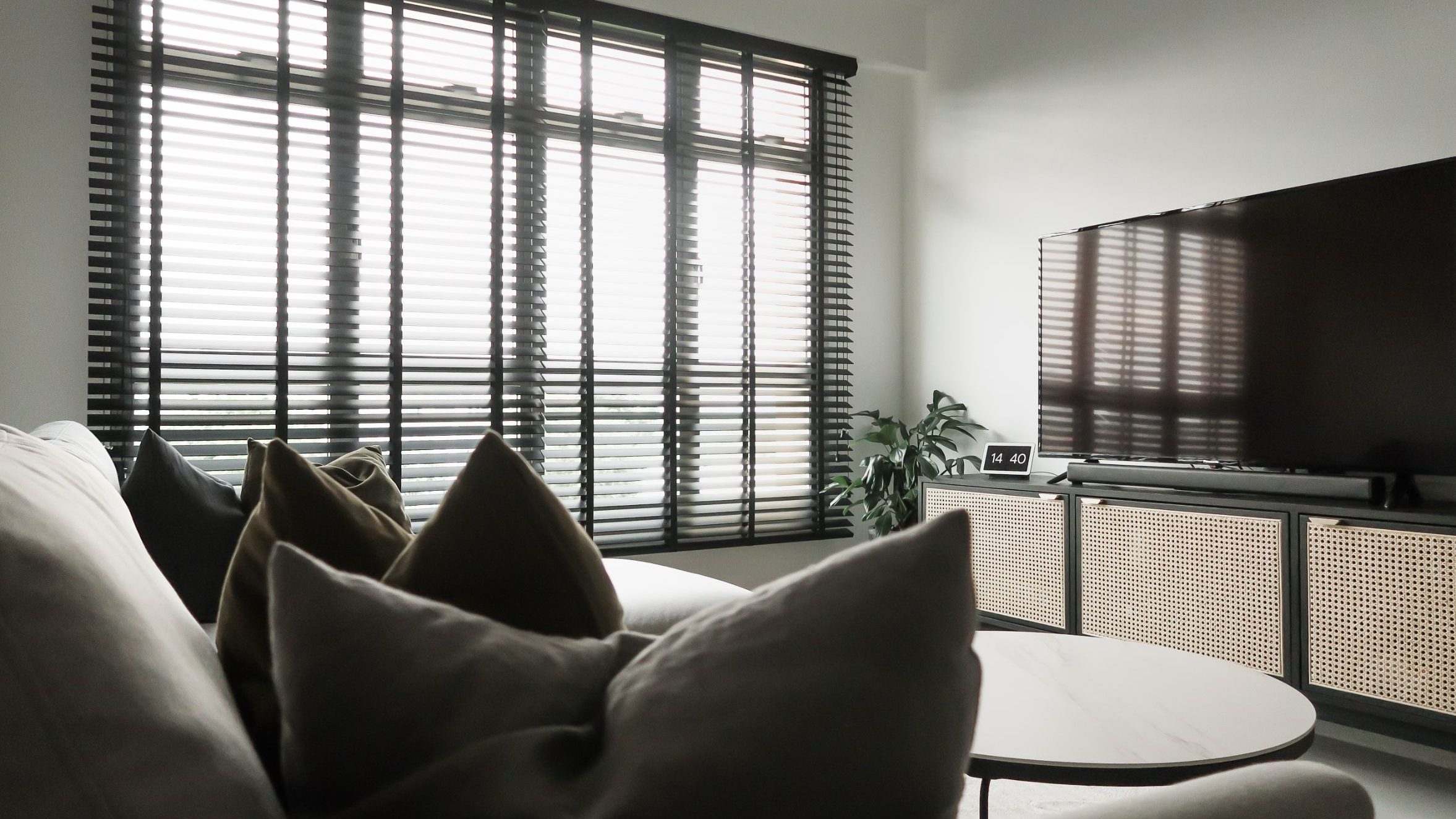Living room with sofa and cushions facing TV on cabinet with plant and window blinds behind sofa