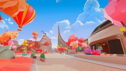 Digital illustration of a street with colourful trees, a hot air balloon, a futuristic building, and sculptures