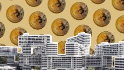 Cluster of modern apartment blocks with oversized gold bitcoin coins on beige background
