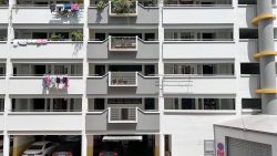 White and grey HDB flat block with laundry hanging, potted plants on balconies, and cars parked below