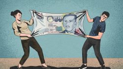 Illustration of a woman and a man pulling and stretching a large Singapore 50 dollar note between them