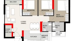 Floor plan showing three bedrooms, living/dining area, kitchen, two bathrooms, household shelter, and balcony