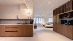 Open-plan kitchen with wood cabinets and living area with white sofa and built-in wooden shelving