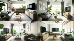 Four modern living rooms with sofas, wooden TV consoles, coffee tables and indoor plants by windows