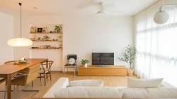 Living room and dining area with wooden table, chairs, TV on wooden console, and large windows with white curtains