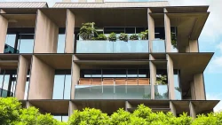 Balconies with glass railings and potted plants on upper floors of a modern apartment block with wood panel accents