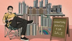 Illustration of a man sitting next to models of various Singapore housing blocks and a sale signboard