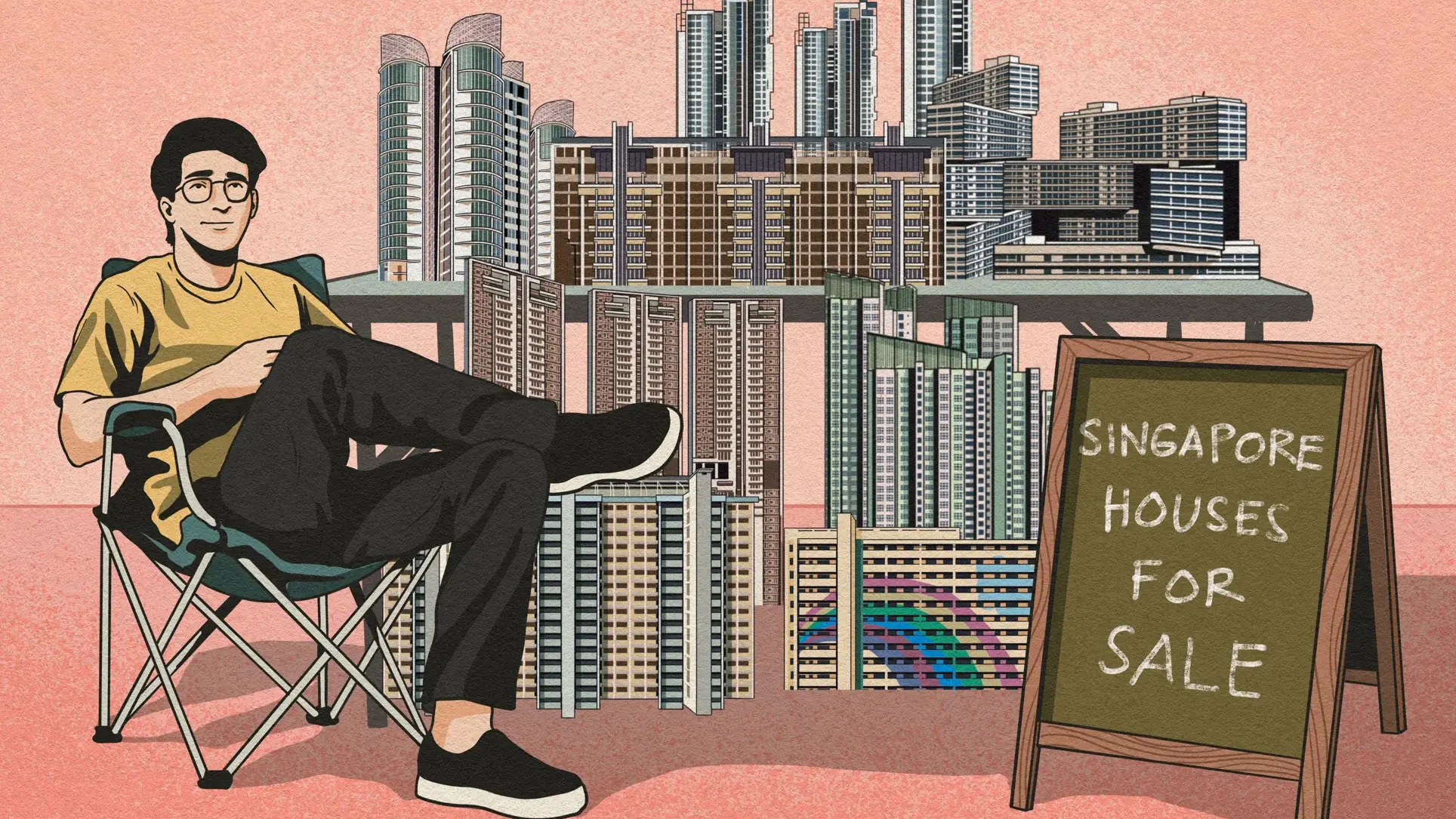 Illustration of a man sitting next to models of various Singapore housing blocks and a sale signboard