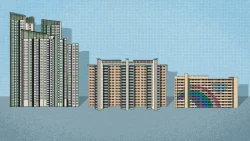 Graphic illustration of three housing blocks showing increasing height from right to left against a blue grid background