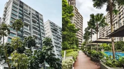 Two residential blocks with greenery and swimming pool area featuring umbrellas and deck chairs between them