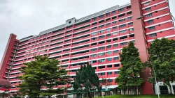 Tall red and white public housing block with balconies and trees in front under a cloudy sky