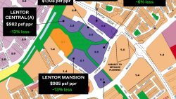 Map showing Lentor Central and Lentor Mansion residential areas with price per square foot and planning zones in purple and orange
