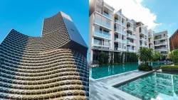 High-rise building with honeycomb facade next to low-rise apartments with swimming pool and landscaping