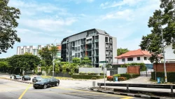 Road junction with black cars passing by and a modern residential block behind trees and a gated house