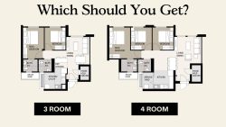 Floor plans comparing a 3-room unit with kitchen utility and a 4-room unit with service yard and three bedrooms