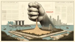 Illustration of a large hand gripping and lifting a land plot with Singapore skyline and Marina Bay Sands in the background